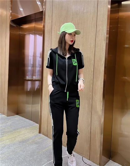 Women's Fashion Tracksuit Casual Suit Short Sleeve Hooded Top Pants Two Piece Set For Women