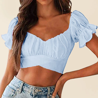 Deep V Neck Cropped Top Ruffled Short Sleeve Backless Tight Tank Top Watermelon Red / XL / United States Watermelon Red / S / United States 
