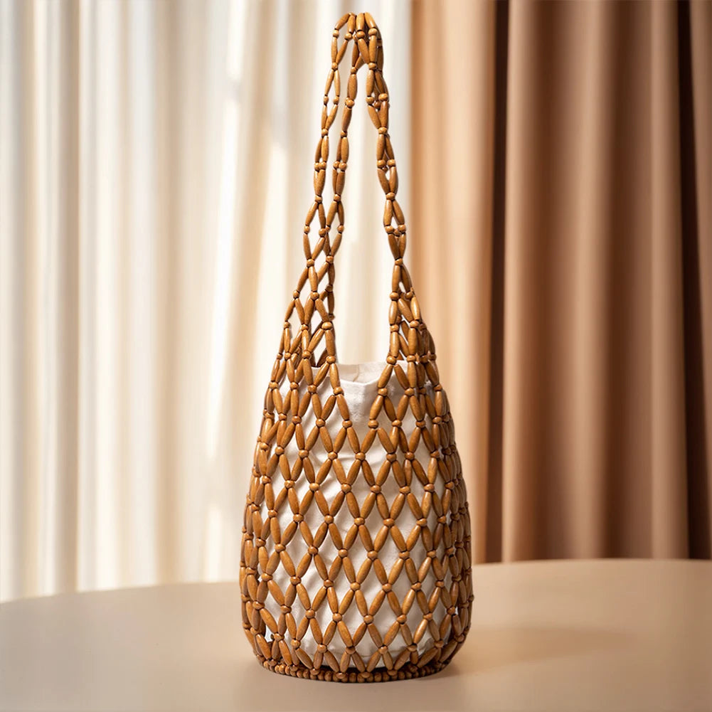 Women Hollow-out Bucket Bags Woven Hand Bag Wooden Bead Shoulder Bags Beach Top-Handle Bags Summer Netted Canvas Tote Handbag