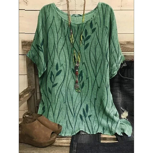 Casual Loose Leaves Print Blouse T-shirt Ladies Fashion Vintage Blouse Unique Half Sleeves