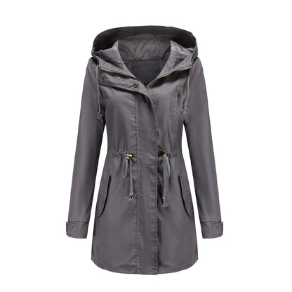 Women Jacket Windproof Windbreaker Trench Coats Female Hooded Drawstring Long
