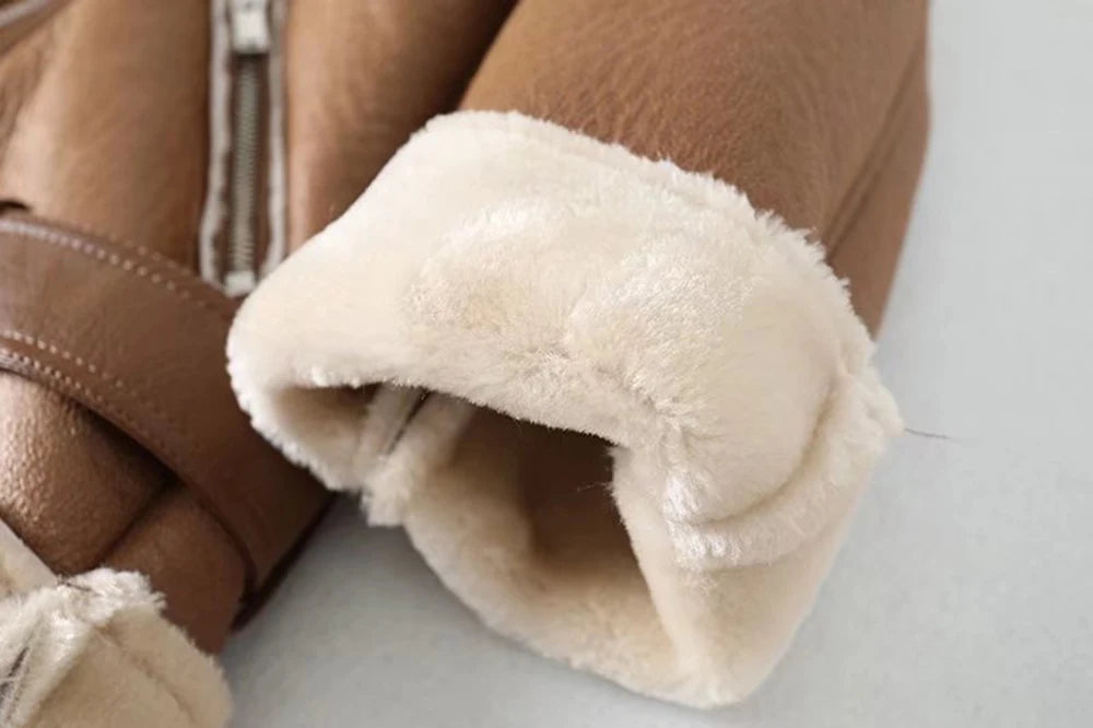 Thick and warm faux leather jacket Coat women's beige long-sleeved belt jacket women 2025 winter fashion new streetwear Tops