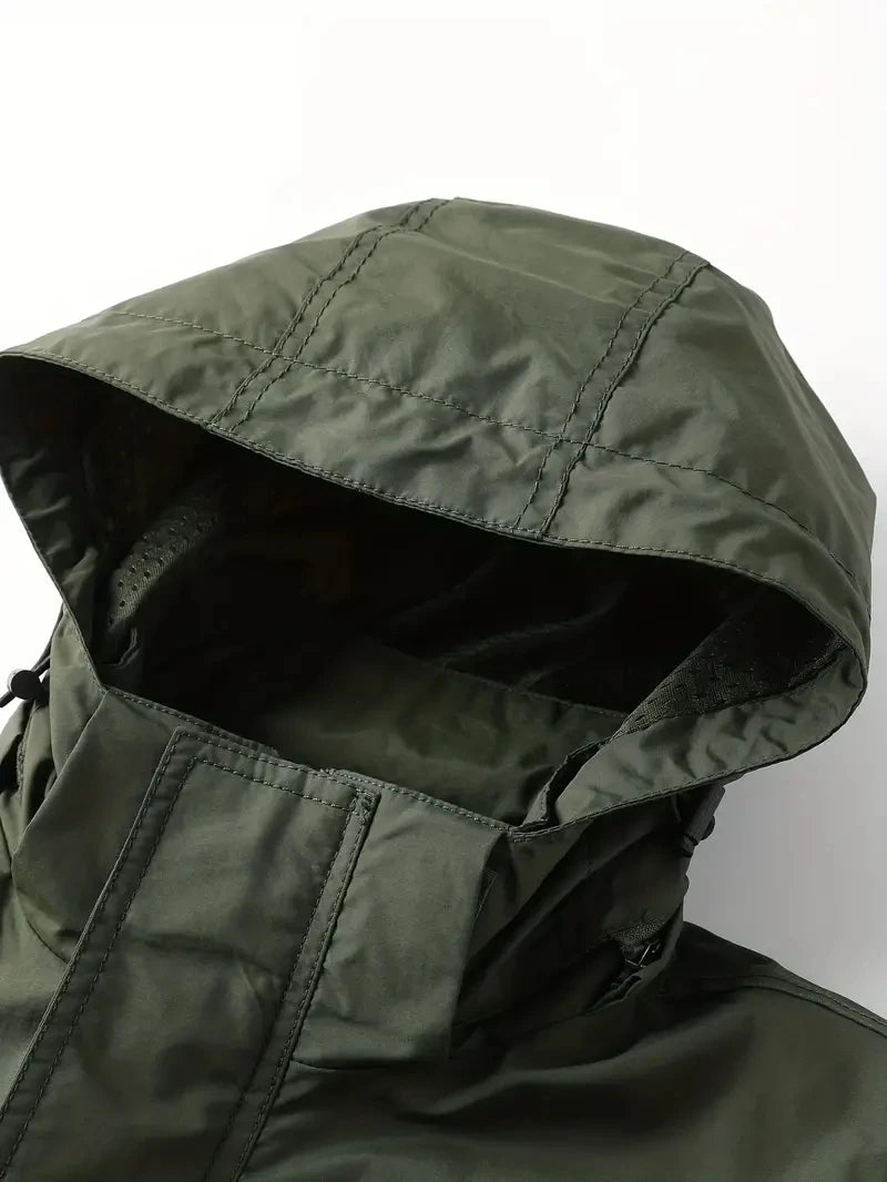 Detachable windproof sleeved hooded jacket suitable for outdoor activities men's casual waterproof multi pocket jacket vest