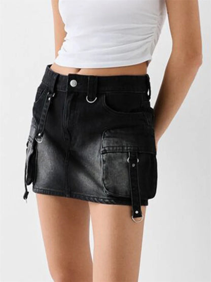 Women s High Waisted Denim Cargo Skirts with Side Pockets and Belt Loops Stylish A-line Mini Skirts for Casual Streetwear