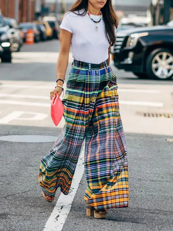Oversized High Waist Wide Leg Pants Checkerboard Printed Casual High Street Trousers