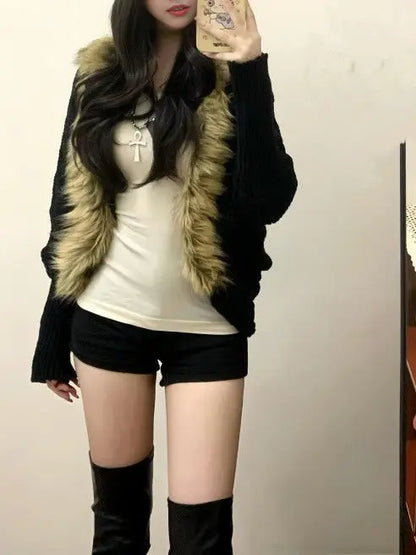 Black Furry Loose Cardigan Fashion Cardigan Millennial Harajuku Style Y2k Hot Girl Cardigan