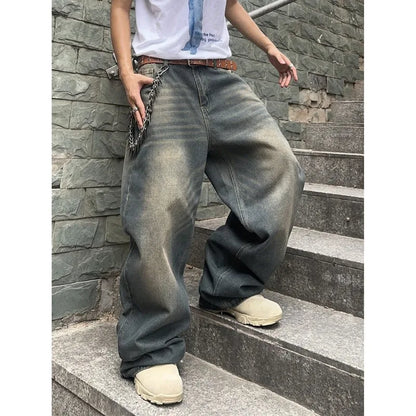 Men's Hip Hop Loose Jeans Y2K Retro Casual Wide Leg Jeans Flared Pants