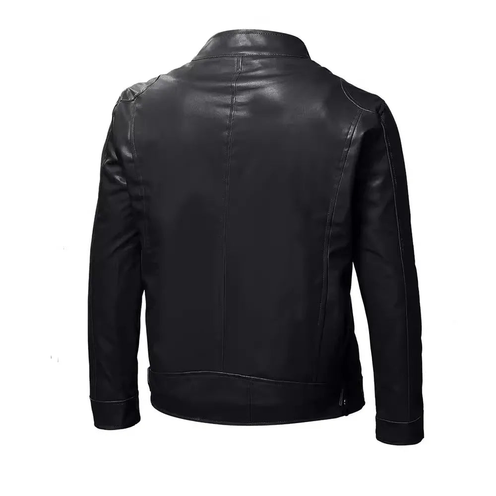 Mens Stand Collar Jacket Coat Black Leather Motorcycle Jacket Solid Color Zipper