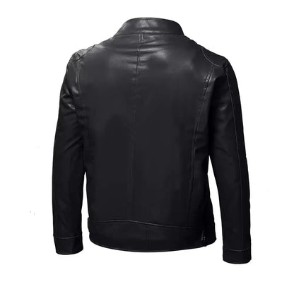 Mens Stand Collar Jacket Coat Black Leather Motorcycle Jacket Solid Color Zipper