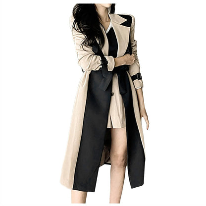 Elegant Long Jacket Women Retro Formal Black Khaki Contrast Notched Collar Windbreaker Coat