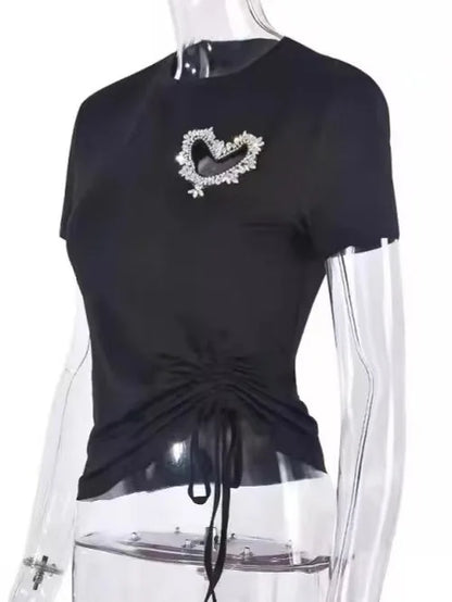 Women's T-Shirt Rhinestone Hollow Heart Drawstring T-Shirt Women Clothes Casual Short Sleeve O-neck