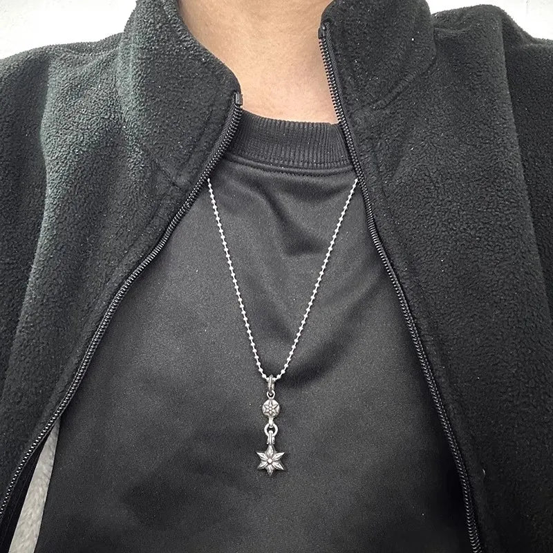 S925 Sterling Silver Retro Old Ring Single Ball Hexagram Pendant Necklace Men's and Women's European and American Niche