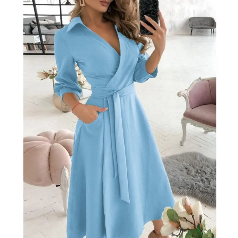 A-Line Wrap Summer Dress Long Sleeve V-Neck Dress Pocket Elegant Midi Party Dress