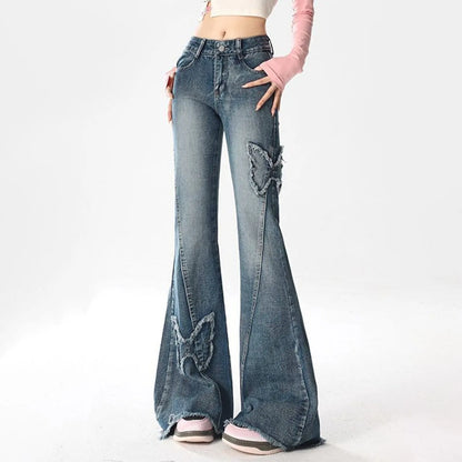 Y2k High Street Flare Jeans Retro Punk High Waist Wide Frayed Butterfly Low Rise