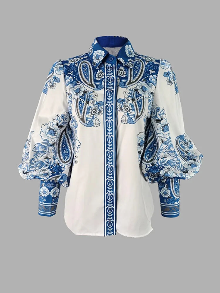 Blue Floral Printed Lapel Shirts For Women Long Puff Sleeves Urban Casual Elegant Blouse