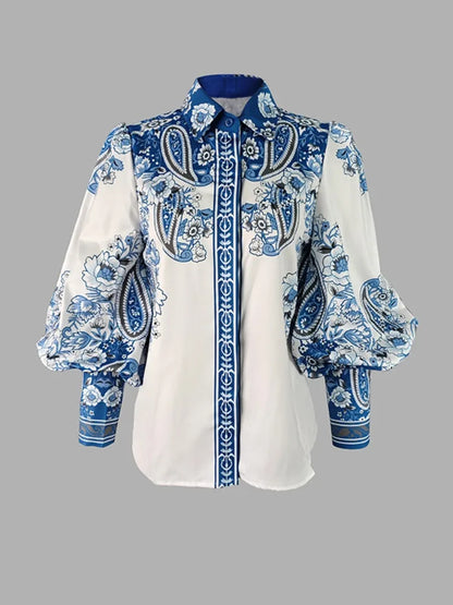 Blue Floral Printed Lapel Shirts For Women Long Puff Sleeves Urban Casual Elegant Blouse