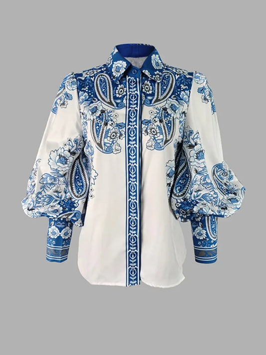 Blue Floral Printed Lapel Shirts For Women Long Puff Sleeves Urban Casual Elegant Blouse