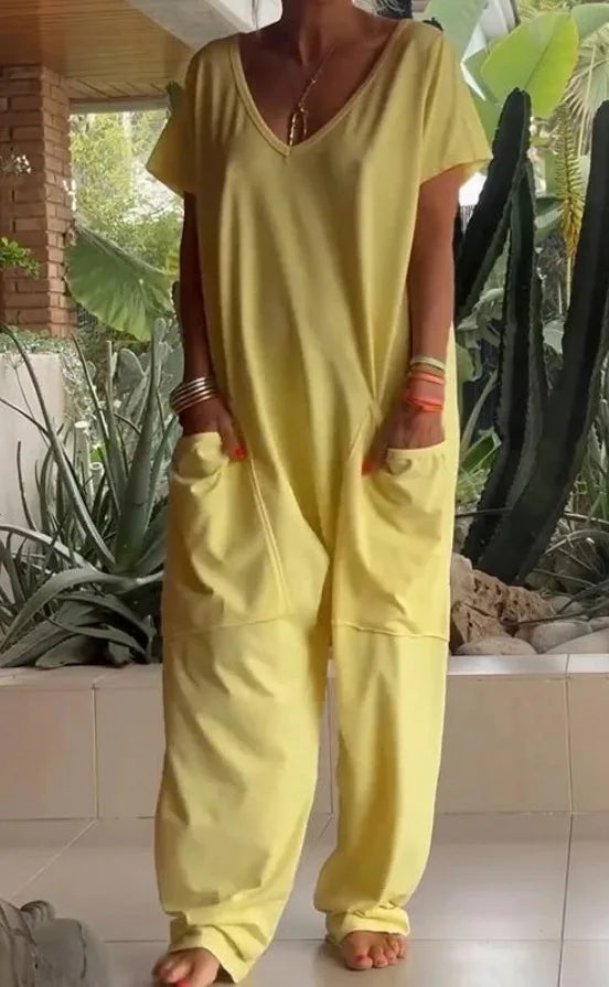 Loose Solid Color Jumpsuit Fashion Casual V-neck Short Sleeved Large Pocket Jumpsuits