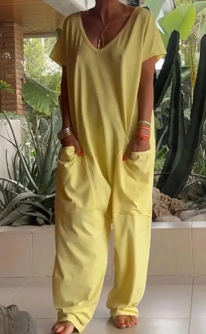 Loose Solid Color Jumpsuit Fashion Casual V-neck Short Sleeved Large Pocket Jumpsuits