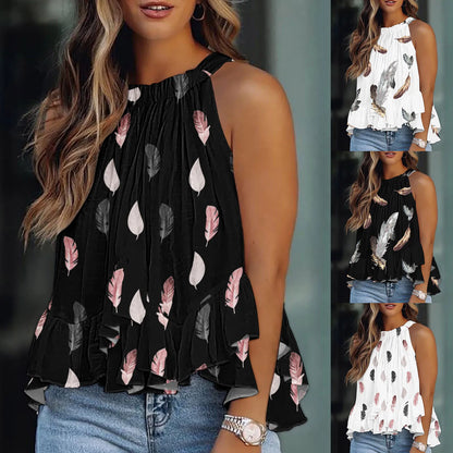 Floral Print Blouse Sleeveless Halter Shirt Off Shoulder Tops Tee Casual Ruffle Pullover