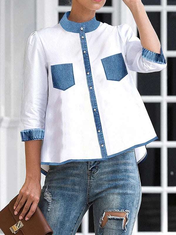 Yeezzi 2024 New Women Fashion Fake Pockets Patchwork Blouses Spring Summer High-Low Buttoned Mock Neck Casual Shirts Tops WHITE / L WHITE / M WHITE / XXL WHITE / L-WHITE / M-WHITE / XXL-WHITE / XL-WHITE / S-