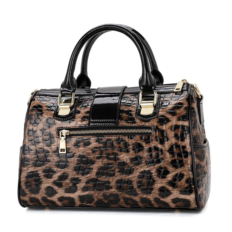 Leopard Handbag Leather Women's Bag Large Capacity Boston Bag Fashion Versatile Cowhide One Shoulder Crossbody Bag