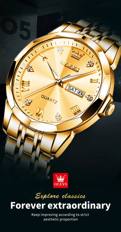 Gold Original Quartz Wristwatch Waterproof Luminous Watch for Male Rhombus Mirror Date Week