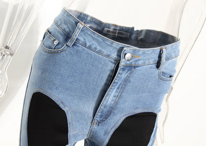 Color Block Women's Jeans Slim Panelled Patchwork High Waist Split Blue Long Denim Pants