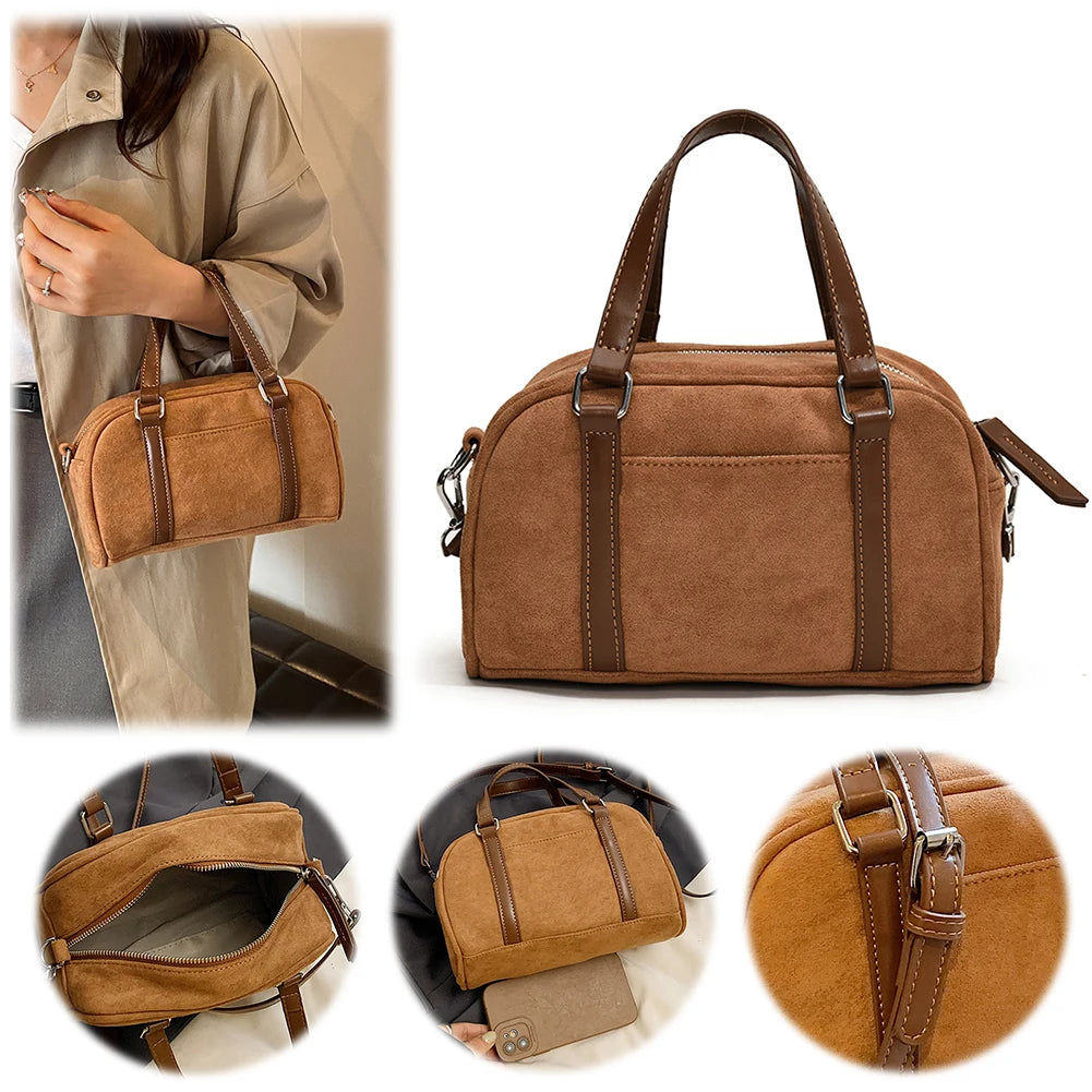Women Suede Shoulder Bag Adjustable Strap Boston Bag with Interior Pocket Top Handle Bag Zipper Handbag for Work Travel