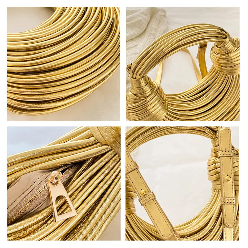 Gold Luxury Designer Brand Handwoven Noodle Bags Rope Knotted Pulled Hobo Silver Evening Clutch Chic
