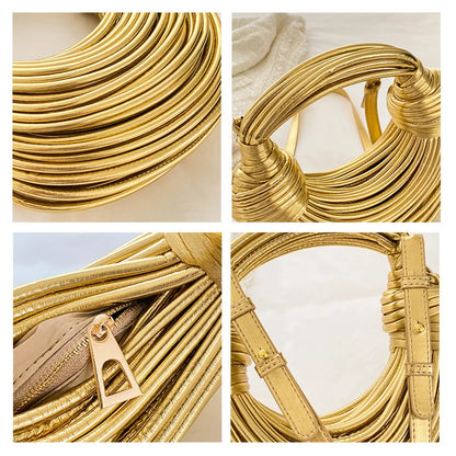 Gold Luxury Designer Brand Handwoven Noodle Bags Rope Knotted Pulled Hobo Silver Evening Clutch Chic