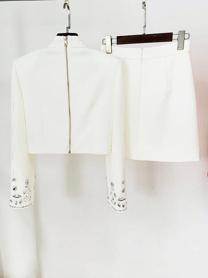 Long Sleeve Short Top and Mini Skirt Suit Outfit, Diamond Beaded Design,High Quality, 2 Pcs Set