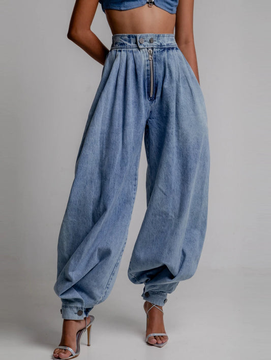 High Waist Zipper Denim Loose Harem Trousers Jeans Female Vintage Balloon Pants Ladies Casual Denim Pants