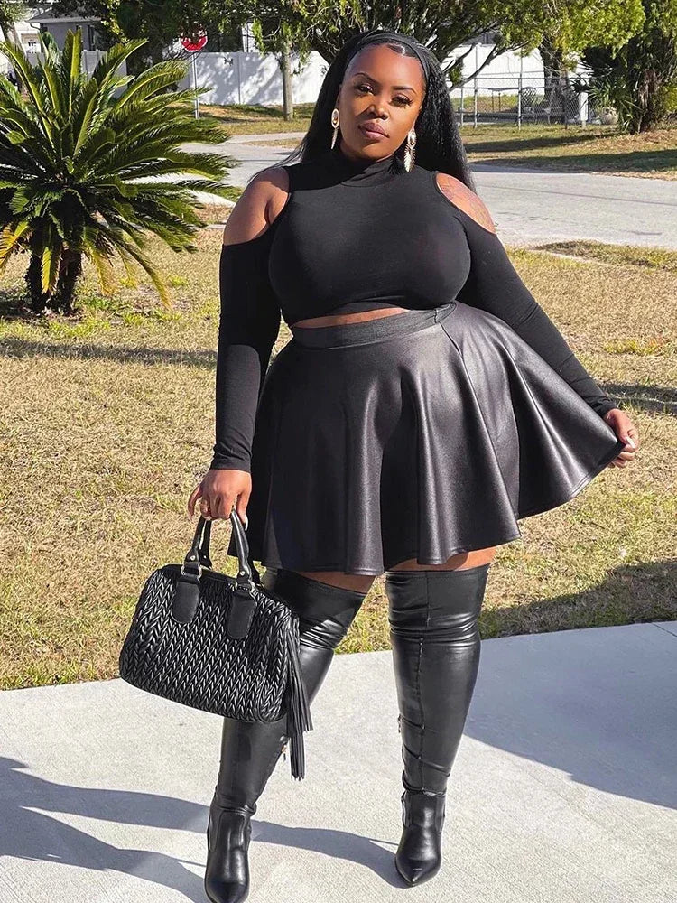 Women Black Plus Size Matte Leather Flare High Waist Pleated Elastic Skirts Elegant