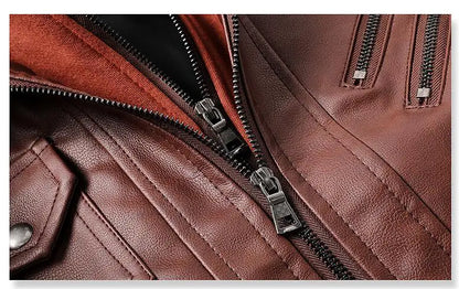 Motorcycle Leather Jacket Hat Detachable Men Hooded Slim Casual Coats