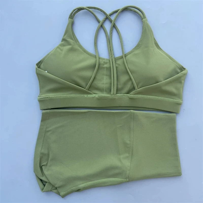 Solid Color Gym Bike Yoga Set Short Legging +Cross Sport Bra Tracksuit Athletic Women Gym Suit Comprehensive Training Jogging