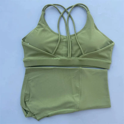 Solid Color Gym Bike Yoga Set Short Legging +Cross Sport Bra Tracksuit Athletic Women Gym Suit Comprehensive Training Jogging