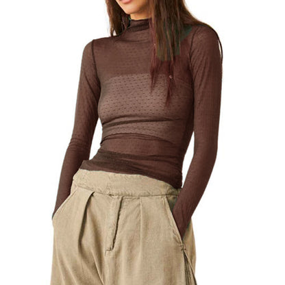 Women Sheer Mesh T-Shirt Mock Neck Long Sleeve Crop Tops Retro See Through Shirt