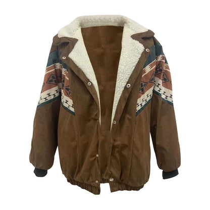 Women's Casual Quilted Jacket Vintage Brown Printing Fashion Long Sleeve Cotton Wadded Coat