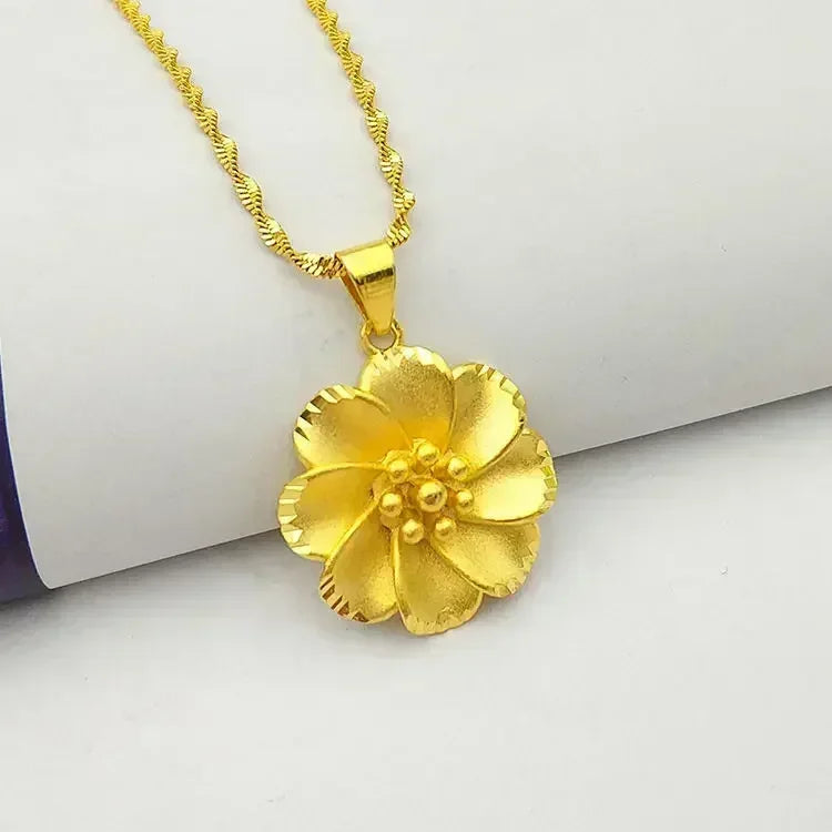 24K Pure Gold AU999 Women's Necklace with Large 3D Flower Pendant Luxury High-Quality Jewelry for Ladies Boutique New Arrival
