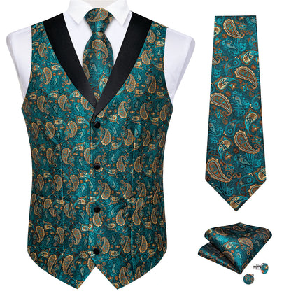 Men's Paisley Silk Suit Vest with Macthing Golden Paisley Neck Tie Handkerchief Cufflinks Wedding Prom Tuxedo Waistcoat
