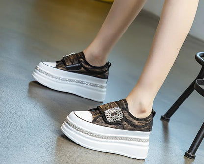 Denim Platform Wedge Genuine Leather Casual Comfy High Brand Chunky Sneakers Hidden Heels Shoes