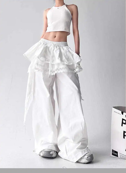 Y2K Black Cargo Pants Women Lace Patchwork White Wide Leg Pants