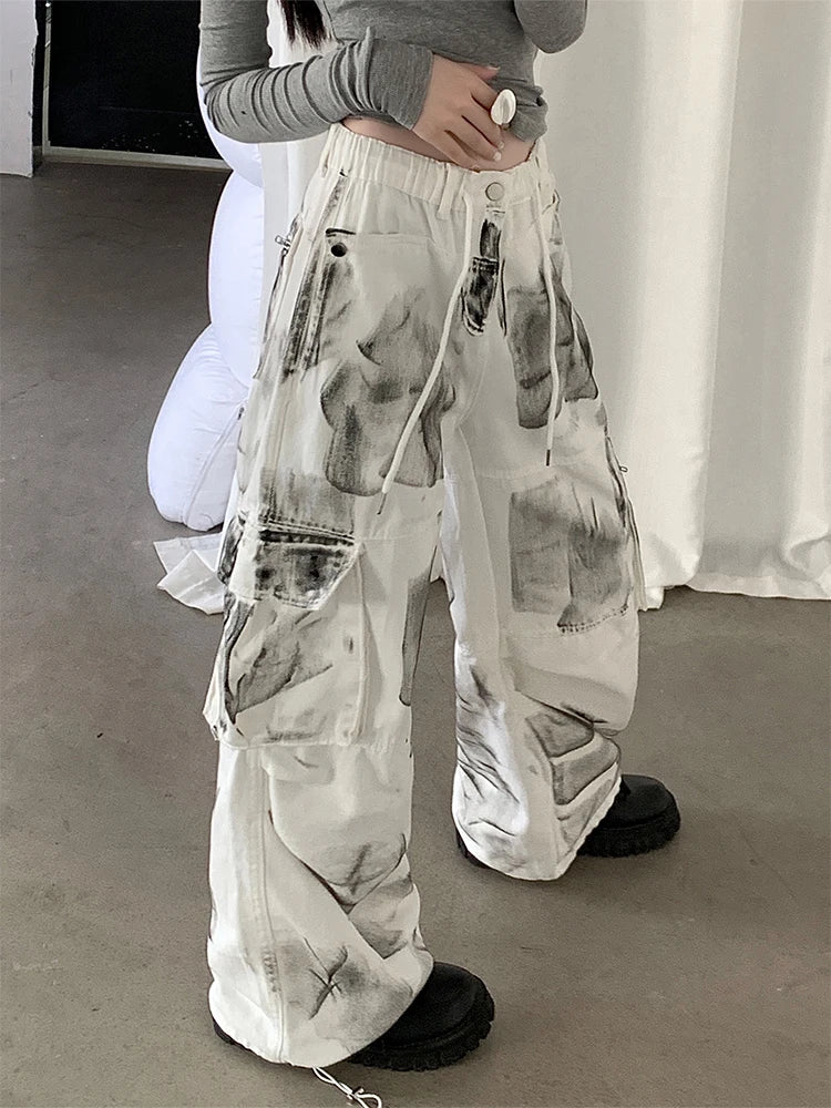 Women's White Cargo Jeans Baggy Vintage High Waist Cowboy Pants Harajuku Aesthetic Tie-Dyed Denim Trousers 90s Y2k Clothes 2024