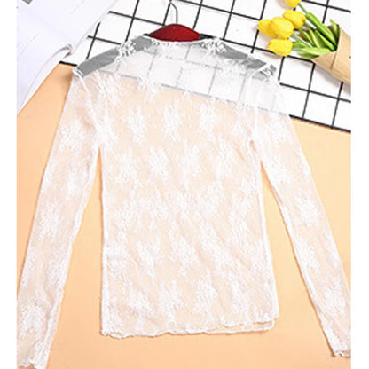 Hollow Out Mesh T-Shirt Transparent Mesh female Tops Long sleeve Basic Shirts SeeThrough Turtleneck