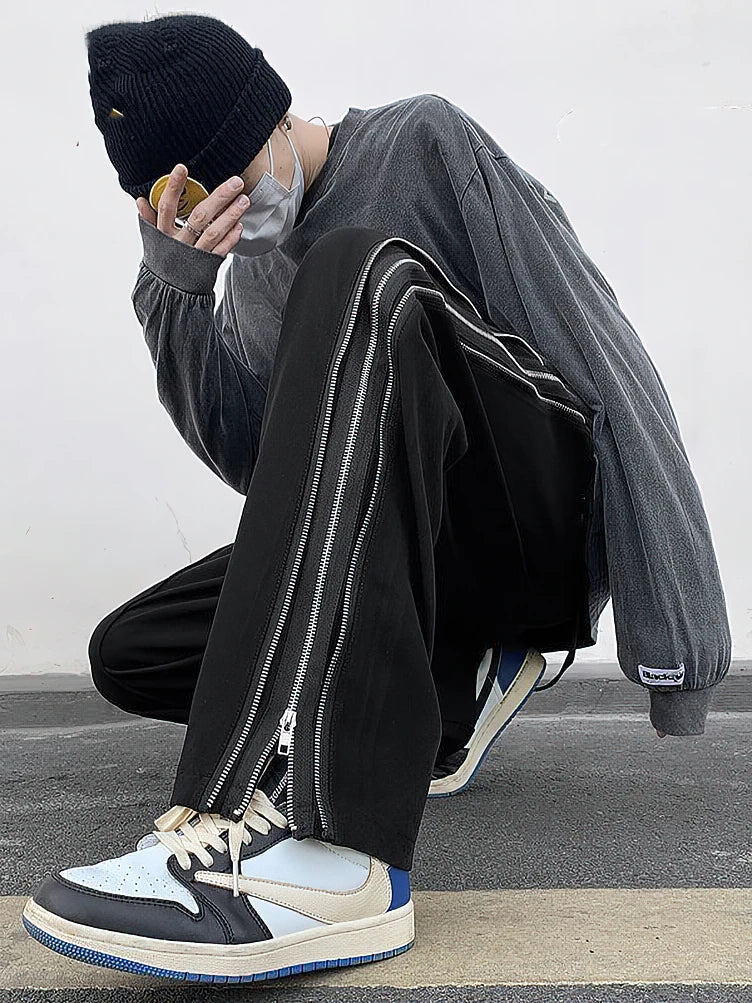 Streetwear Side Split Zipper Loose Casual Straight Parachute Long Trousers