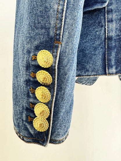 Women'S Double Breasted Slim Fit Denim Blazer Long Sleeve Jean Jacket High Waisted Pencil Mini Skirt Set