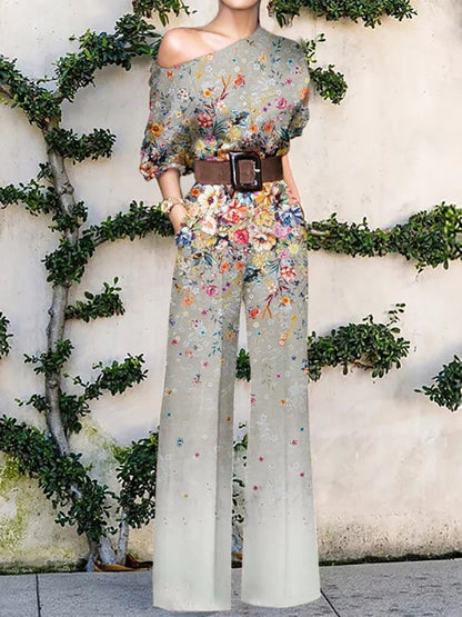 Elegant Pattern Print Party Jumpsuit Off Shoulder Wide Leg Pant Playsuit
