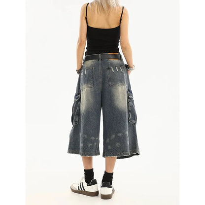 American Style Women Vintage Washed Workwear Denim Shorts with Multiple Pockets Pleated Design Loose Drapey Seven-Foot Pants