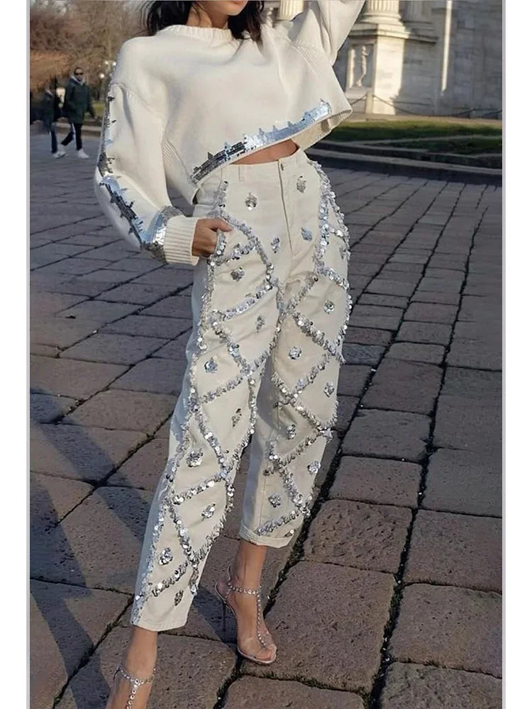 Sequin Decor Straight Leg Denim Jeans High Wait Elegant Casual Pockets Diamond Denim White / L White / XL White / XXL White / L-White / XL-White / XXL-White / XXXL-White / S-White / M-